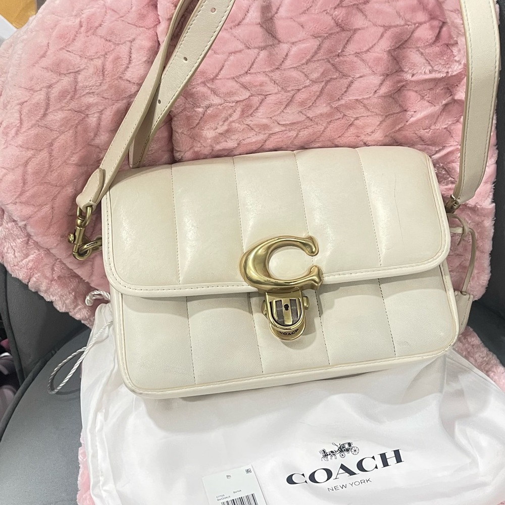 Coach White and Gold Shoulder Bag with Flap Closure